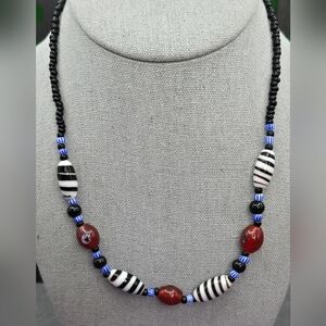 Tribal Boho Black, Blue/white Stripe and Red Beaded Necklace